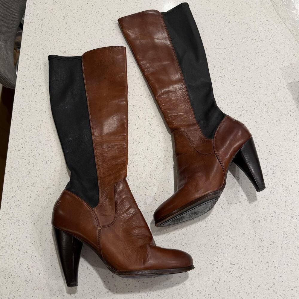 Frye Boots Women 9 Mikaela Tall Brown Black Leather Cone Heel Zip Tall Riding